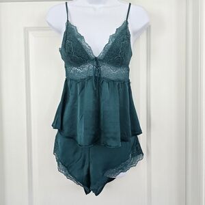 Victoria's Secret Teal-ish Green Lace Trim Cami And Short Sleepwear Set